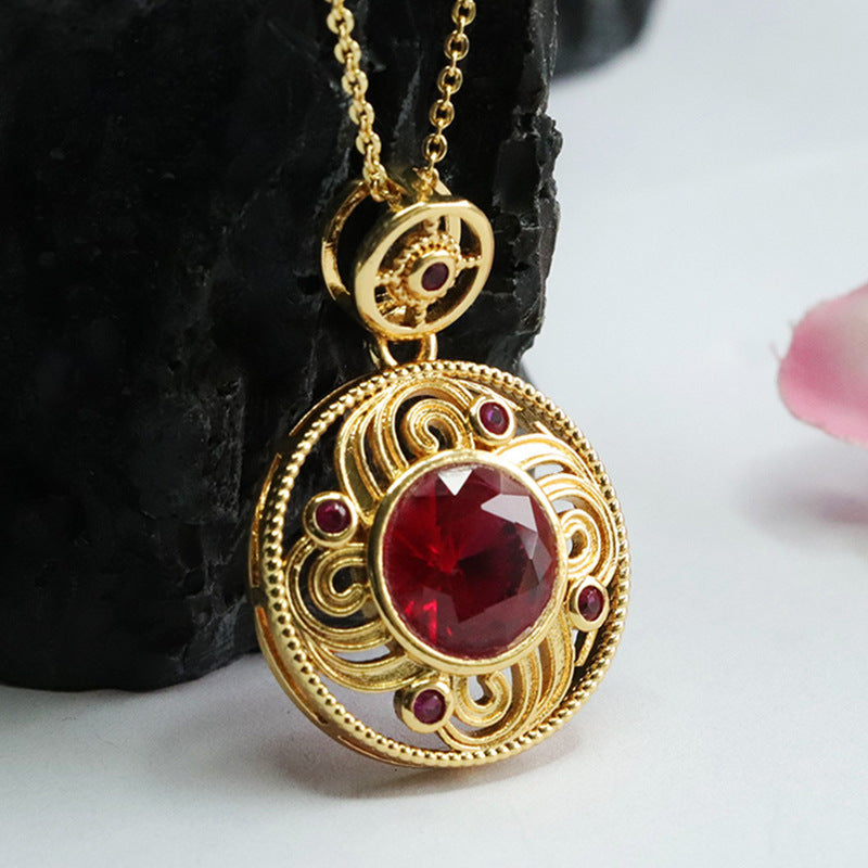 Lab-Grown Ruby Patterned Round Pendant — No Chain