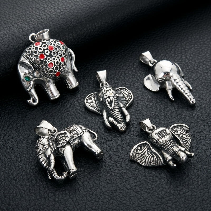 Vintage Ruby Jixiang Pendant Exotic Style Three-Dimensional Elephant Casting Pendant Stainless Steel Men's Necklace