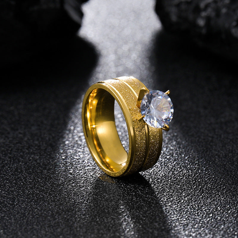 Gold Matte Titanium-Plated Zircon Ring with Wide Stainless Steel Band