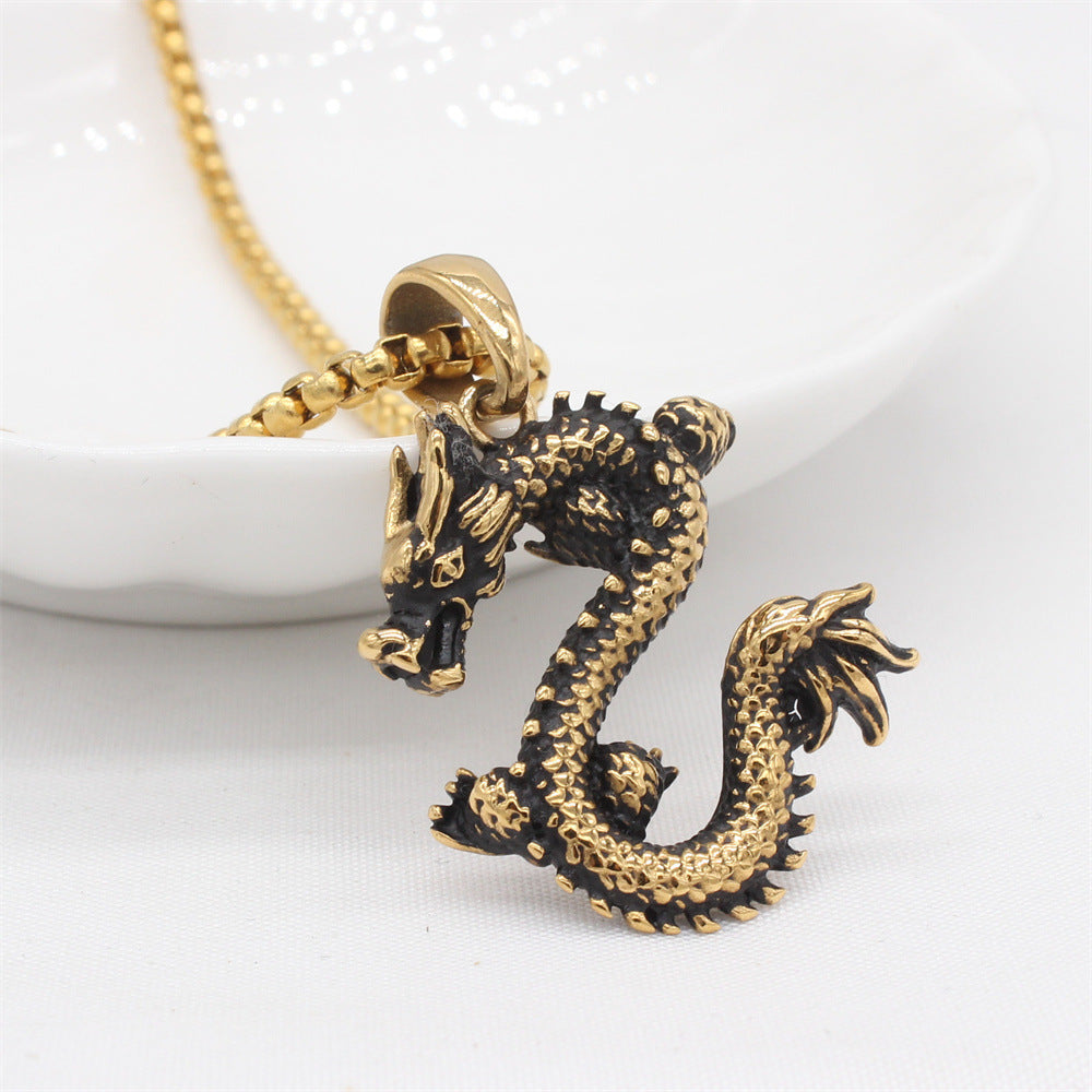 Retro Chinese Zodiac Dragon Pendant - Unisex Punk Fashion Accessory in Titanium Steel