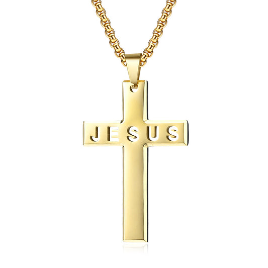 Planderful Cross Necklace Titanium Steel Gold Plated Large Glossy Pendant For Unisex Everyday Style