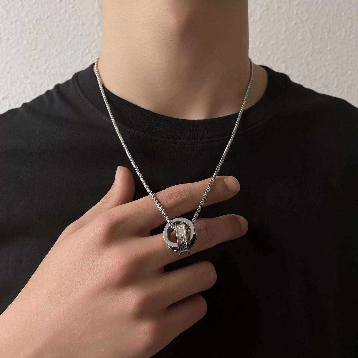 Planderful Everyday Genie Titanium Steel Double Hoop Ring Necklace For Men Crystal Pendant Trendsetting Accessory