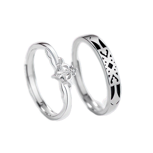 Planderful 925 Sterling Silver Couple Ring Elegant Princess Knight Design Adjustable For Women Gift