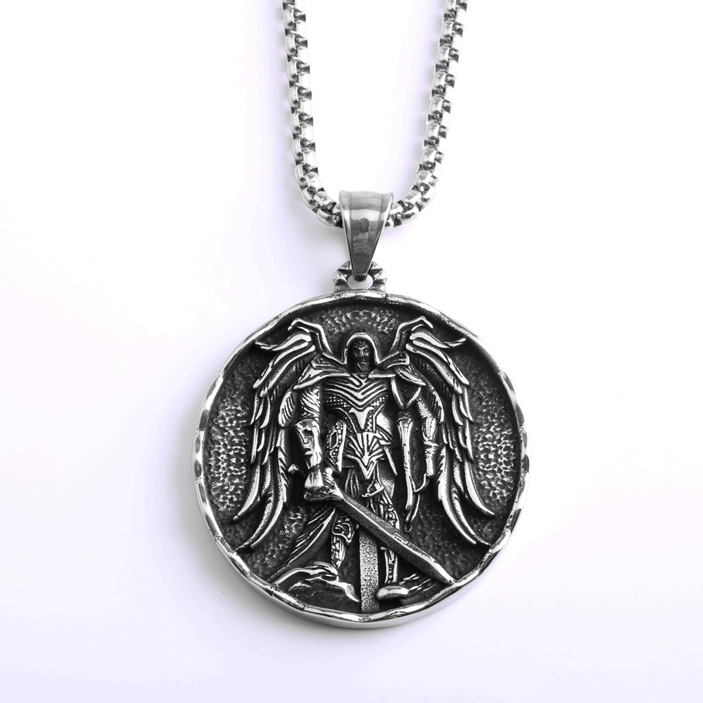 Vintage St. Michael Angel Stainless Steel Men's Pendant Necklace