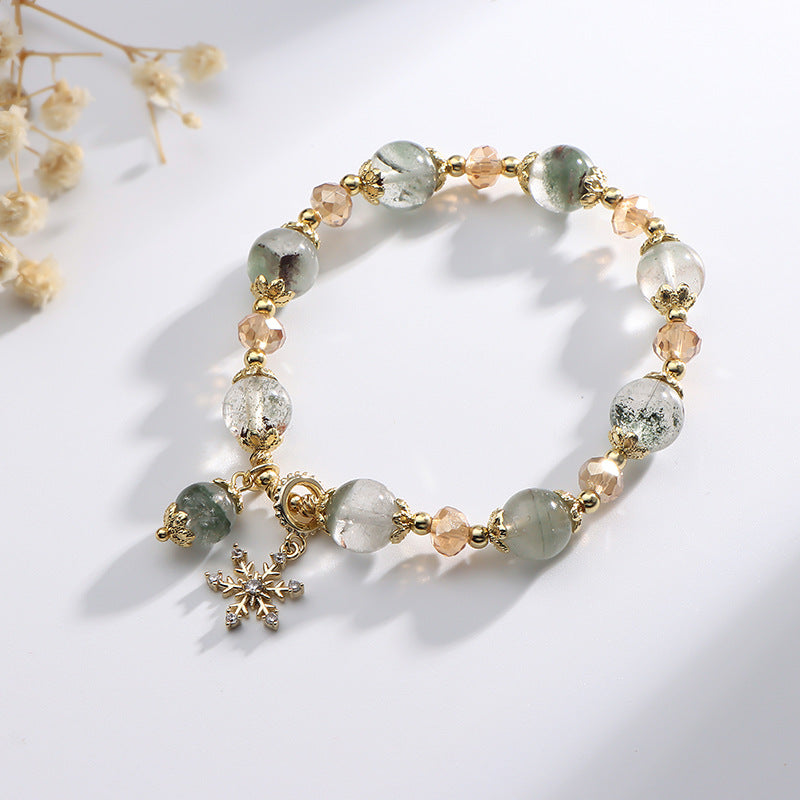 Forest Series Handcrafted Natural Green Ghost Crystal Bracelet with Snowflake Pendant