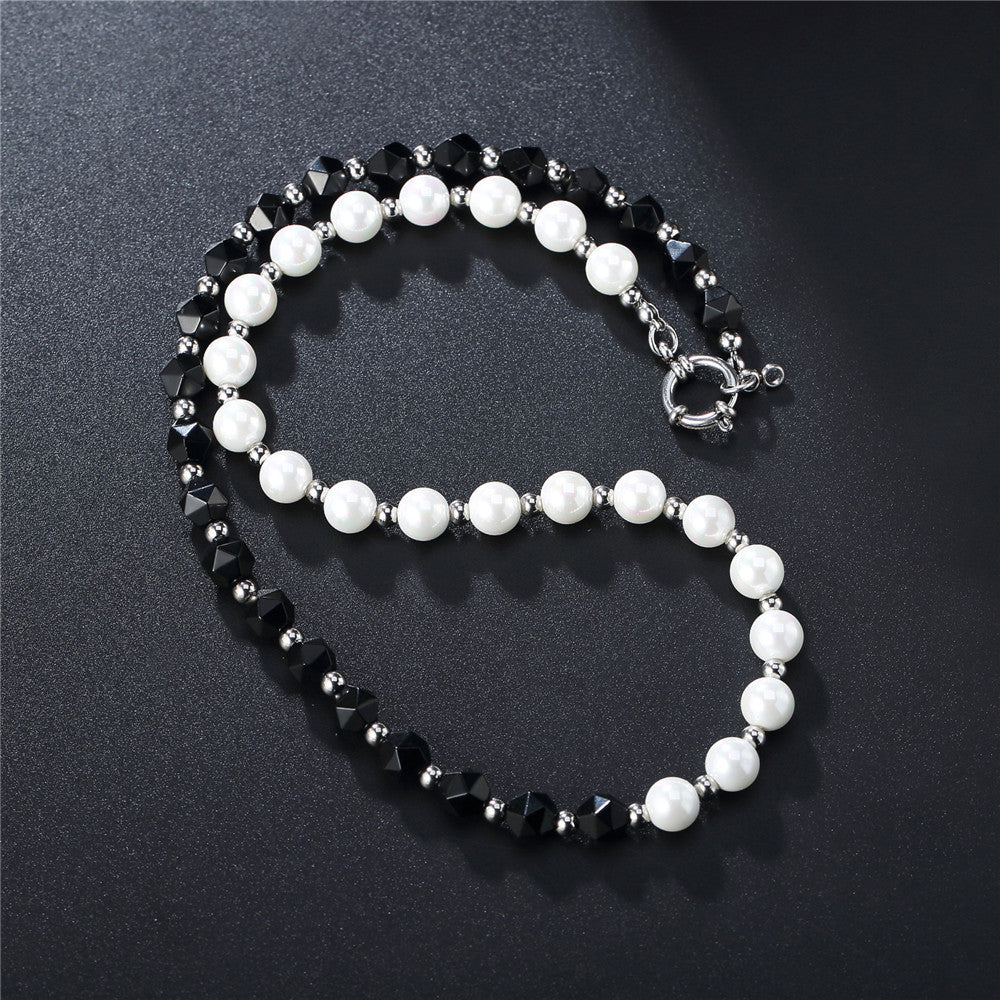 Planderful Durable Titanium Steel Necklace For Men Unisex Black Bead White Pearl Pendant Hip Hop Stage Jewelry