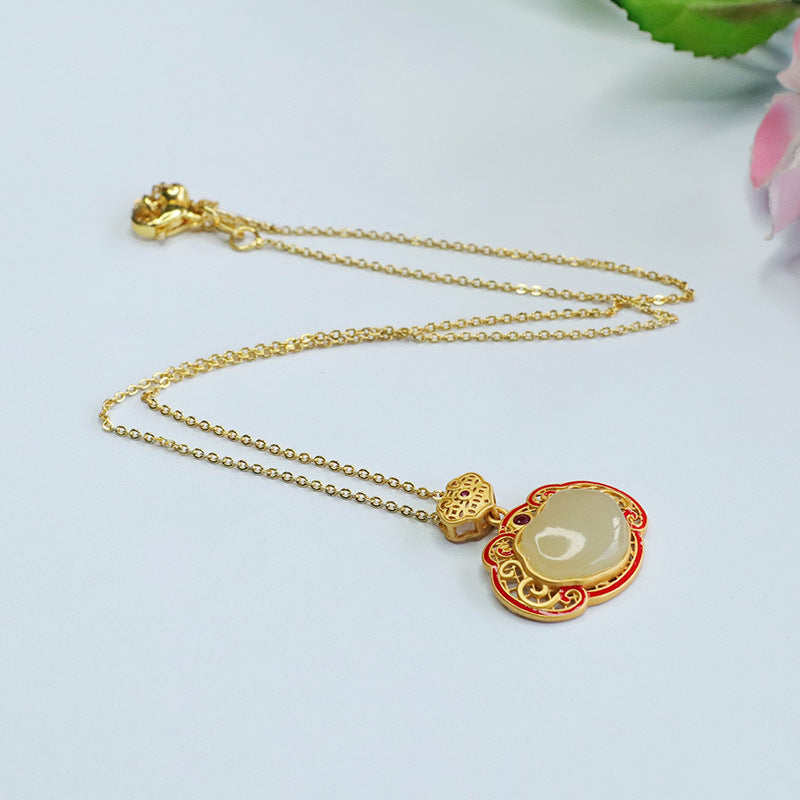 Red Ruyi Jade Pendant Necklace crafted in Sterling Silver