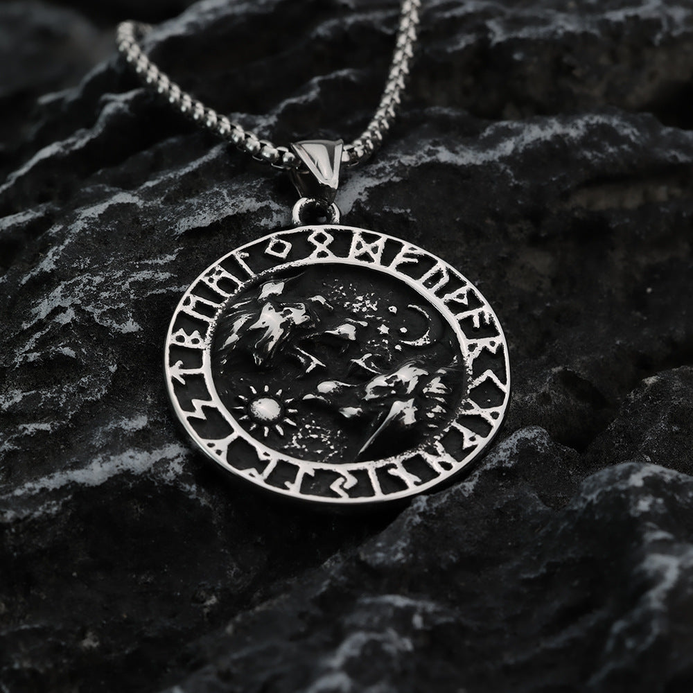 Nordic Vintage Stainless Steel Men's Viking Double Wolf Necklace