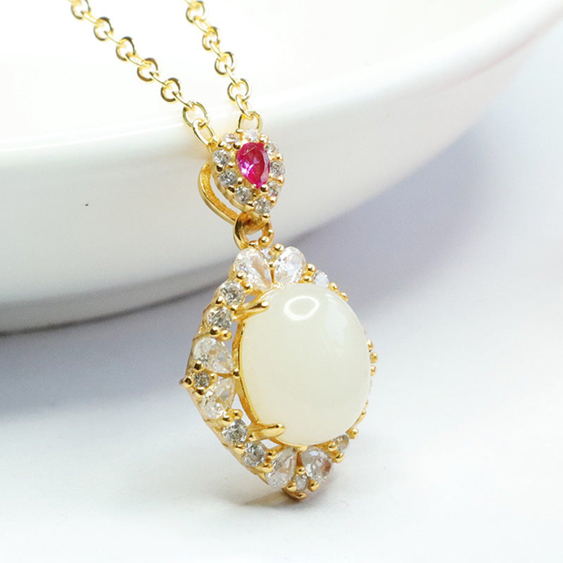 Hotan White Jade Zircon Necklace with Sterling Silver Pendant