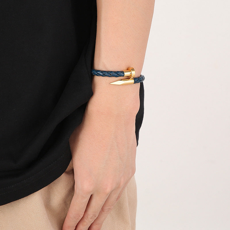 Cowhide Woven Stainless Steel Nail Bracelet – Men's Magnetic Buckle Leather Bracelet