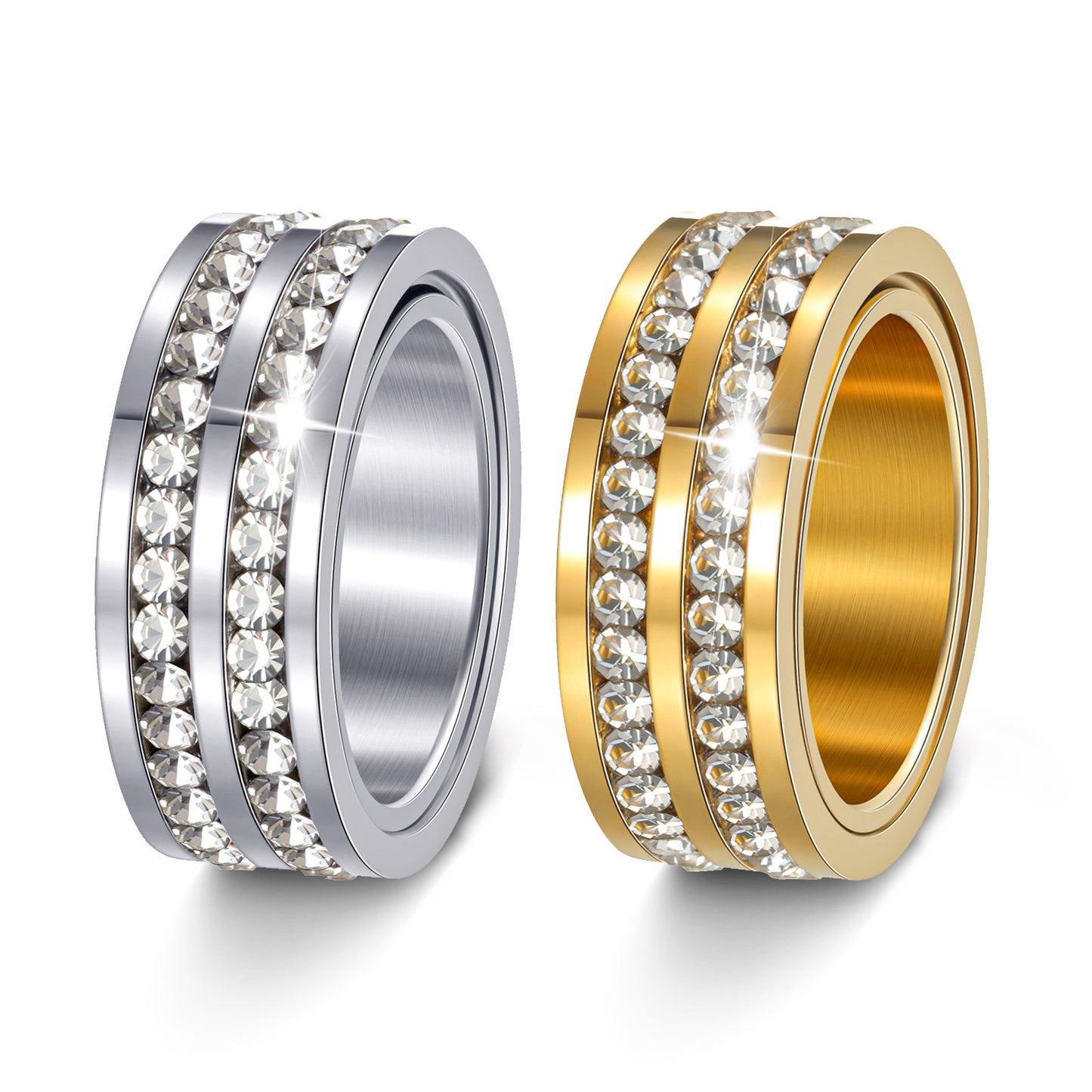 Planderful Everyday Genie Zircon Stainless Steel Ring Rotatable Double Row 8mm Gypsy Unisex Jewelry