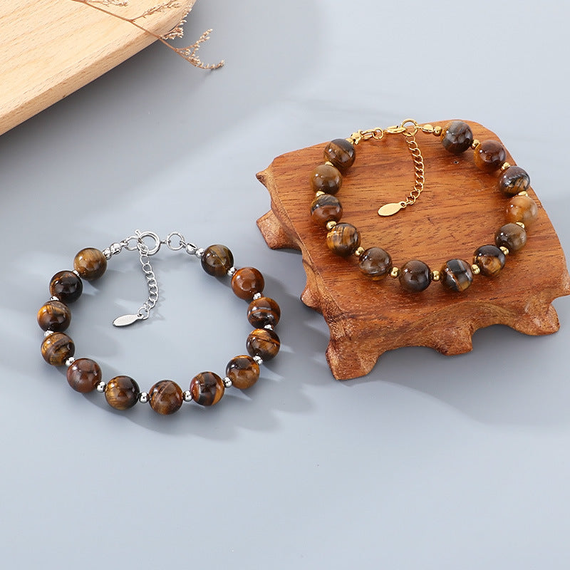 Bracelet – Tiger's Eye Stone Beaded Stainless Steel Round Beads With Extension Chain
