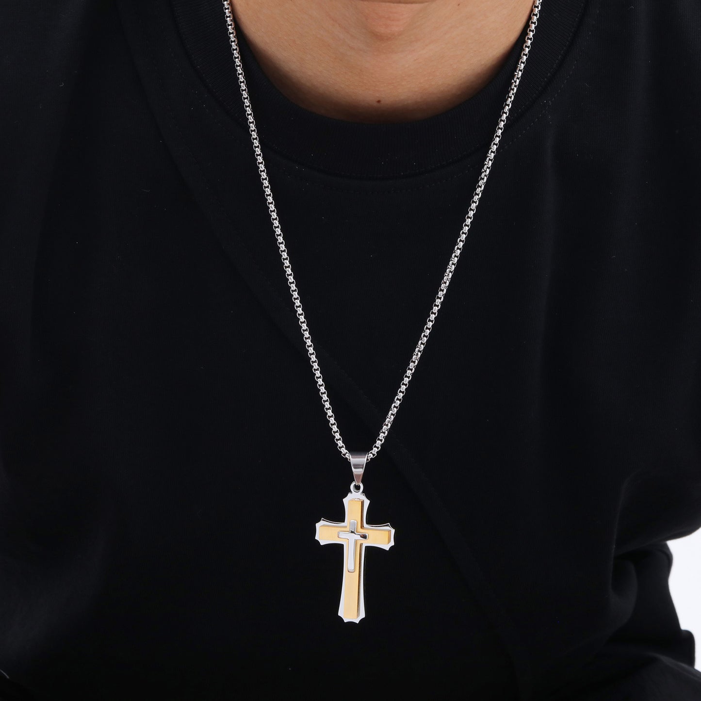 Jewelry European And American Accessories Stainless Steel Three Layer Cross Pendant Necklace For Men