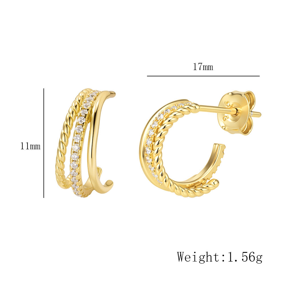 S925 Sterling Silver C-Shaped Hollow Zircon Stud Earrings