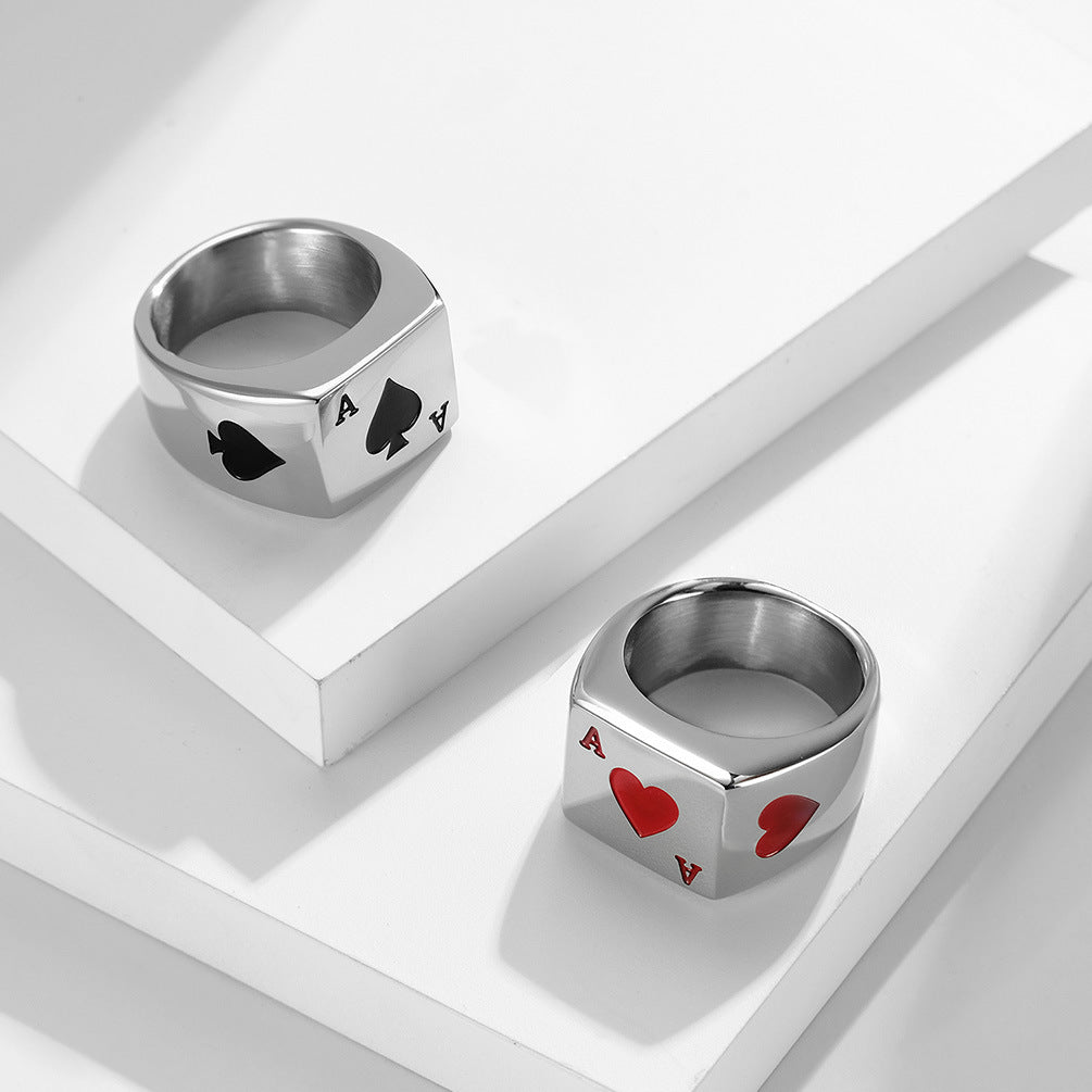 Planderful Steel Ring For Men Vintage Card Hearts Spades Design Bold Lucky Poker Jewelry