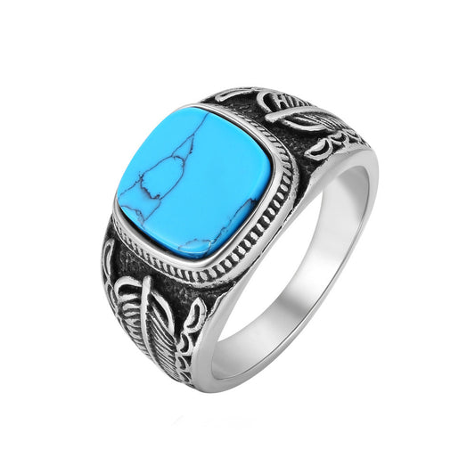 Planderful Turquoise Feather Steel Ring For Men And Unisex Durable Retro Protection Statement Everyday Genie