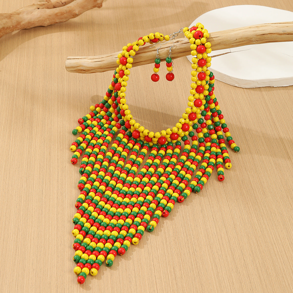 Savanna Rhythms Wooden Bead Tassel Necklace Earring Set