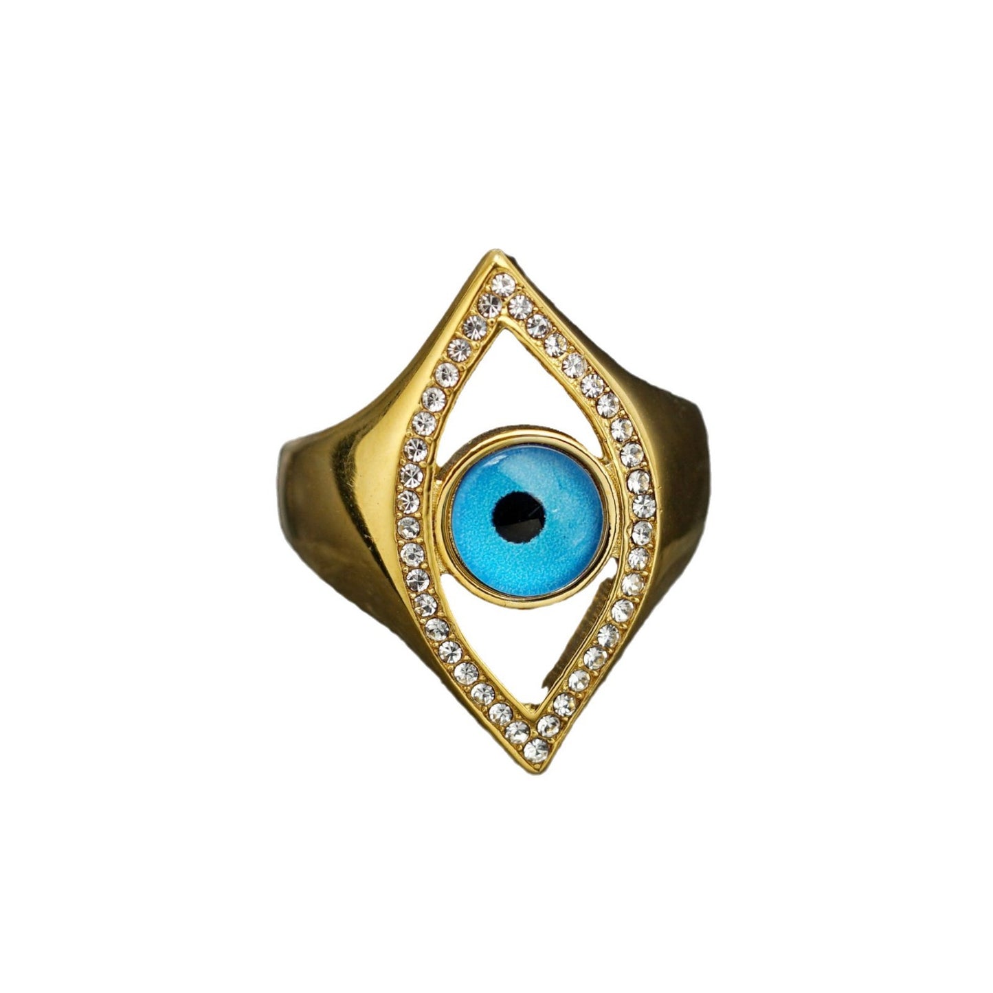 Planderful Blue Angel Eye Ring Unisex Titanium Steel Gold Plated Protection Statement Jewelry