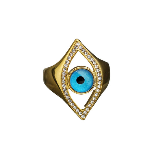 Planderful Blue Angel Eye Ring Unisex Titanium Steel Gold Plated Protection Statement Jewelry
