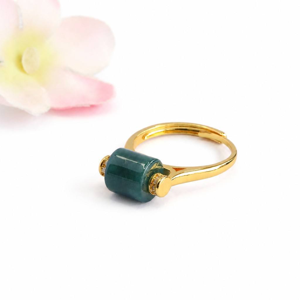 Blue-Water Jadeite Barrel Bead Ring