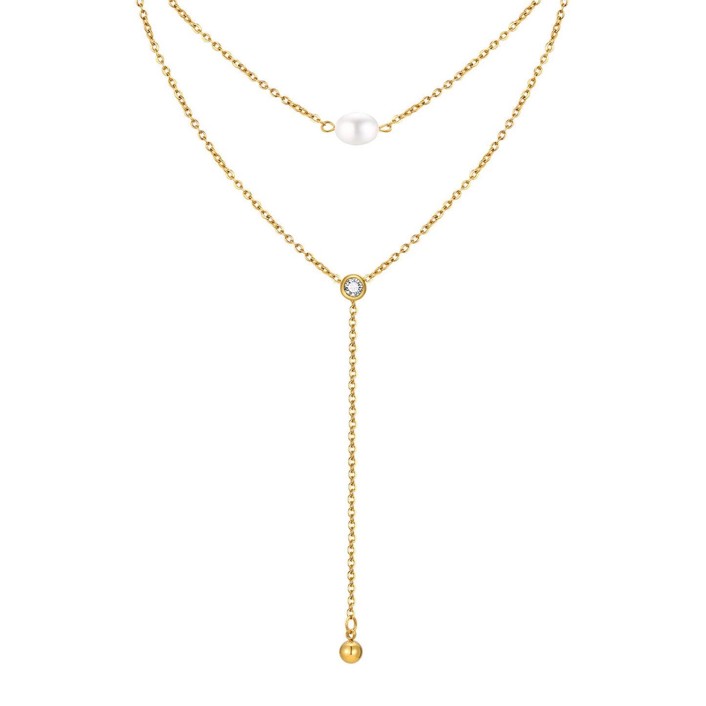 Summer Stainless Steel Double Chain Natural Baroque Zircon Y-Shaped Necklace Gold Ladies