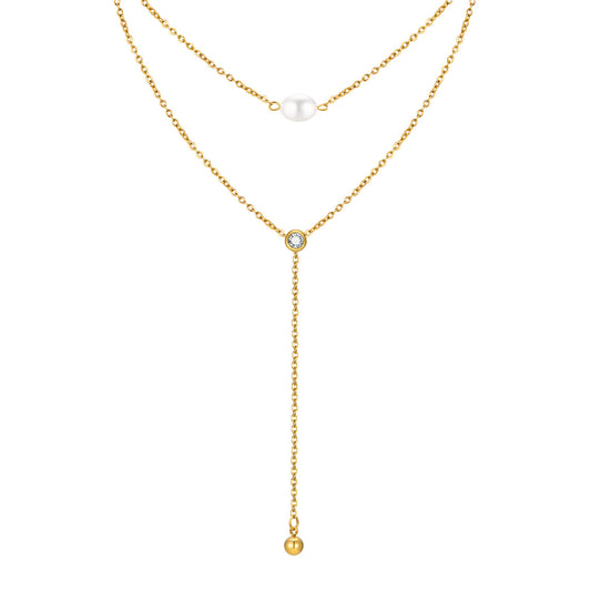 Summer Stainless Steel Double Chain Natural Baroque Zircon Y-Shaped Necklace Gold Ladies