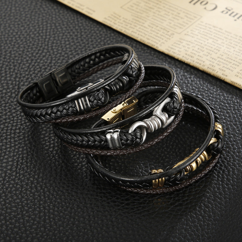 Planderful Leather Rope Woven Men Bracelet Geometric Style