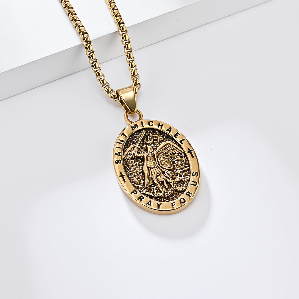European and American Retro St. Michael's Archangel Titanium Steel Necklace for Men