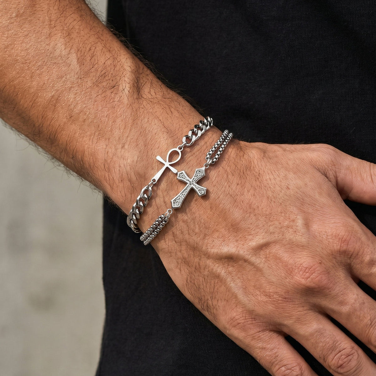 Cross Pearl Cuban Chain Stainless Steel Bracelet