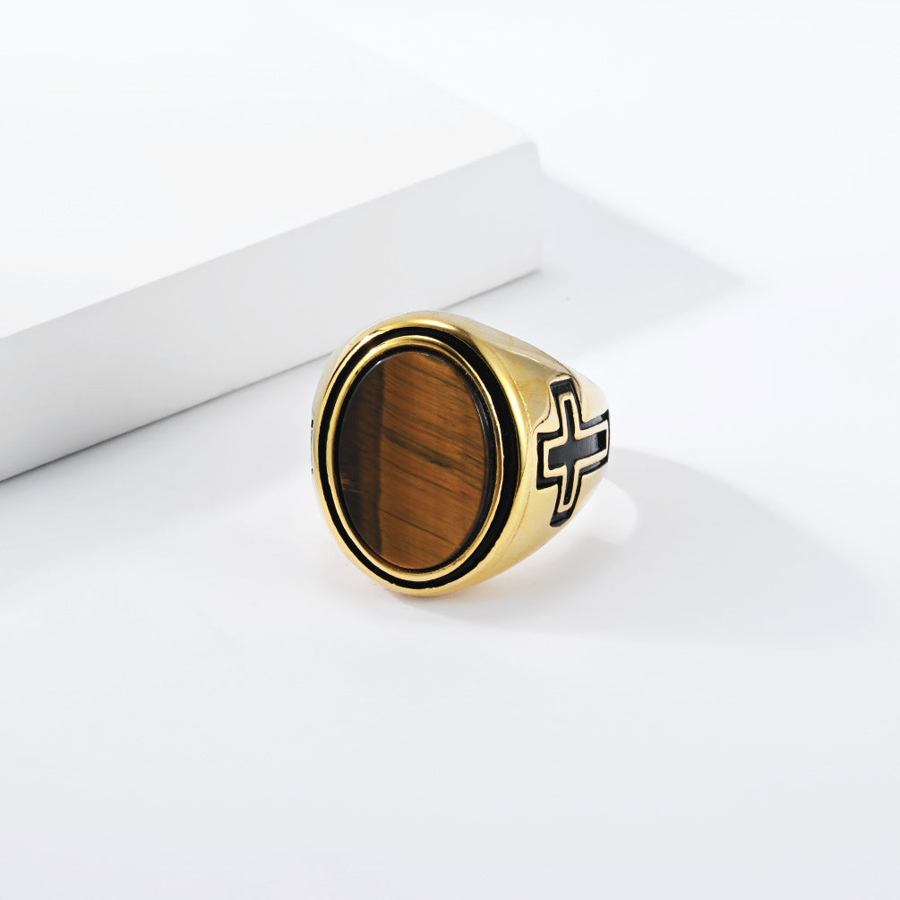 Cross Tiger's Eye Black Gemstone Stainless Steel Ring for Men