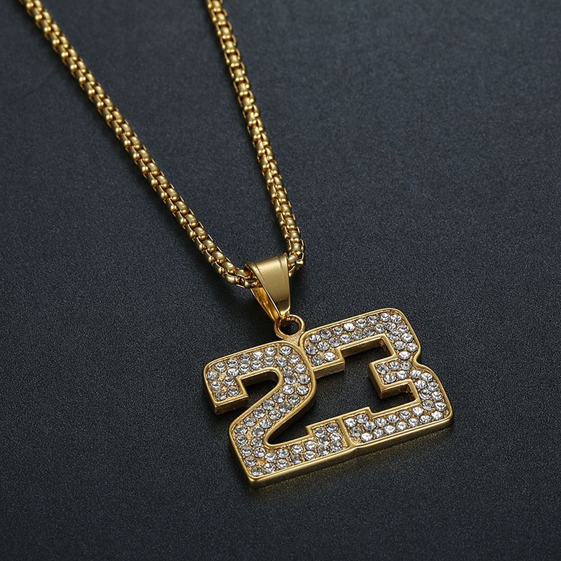 Planderful Hip Hop Necklace For Men And Women Premium Titanium Steel Gold Plated Zircon 23 Digital Basketball Pendant