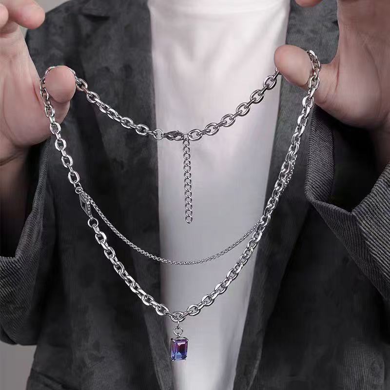 Planderful Jewelry Mens Layered Stainless Steel Necklace With Square Brick Design For Modern Style