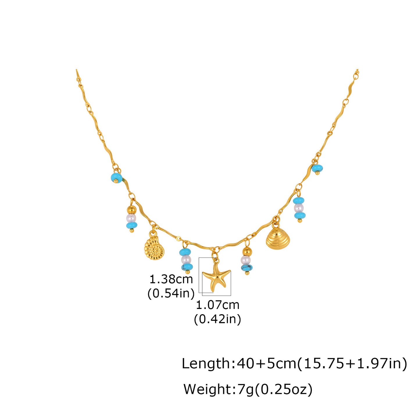Ocean Wind Stainless Steel Turquoise Imitation Pearl Conch Starfish Shell Wave Bead Necklace