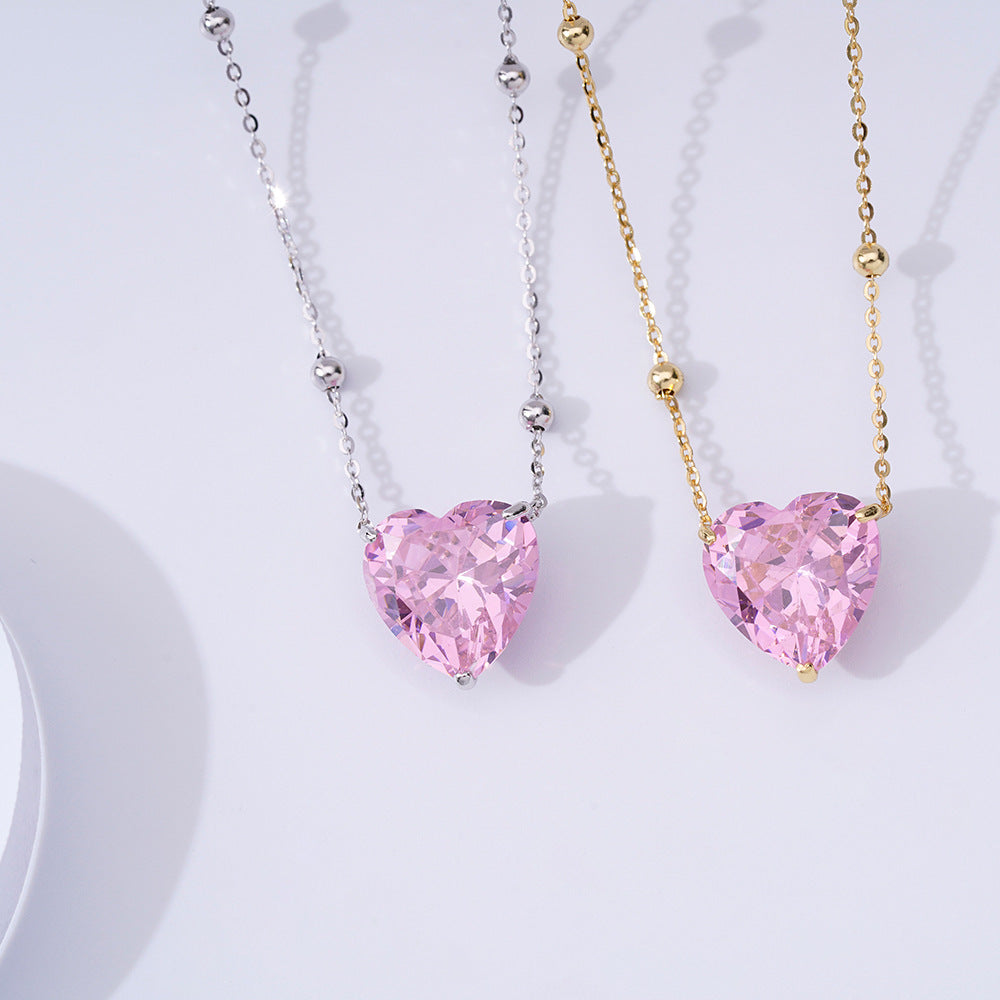 Peach Pink Love Zircon Sterling Silver Necklace Exquisite Heart