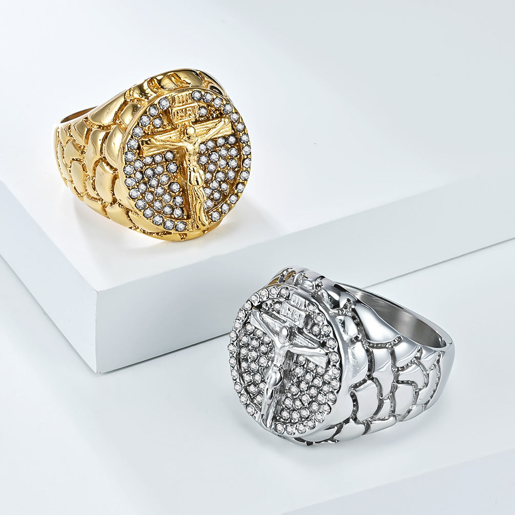 Planderful Mens Zircon Ring European American Retro Portrait Cross Titanium Steel Plated 18K Gold