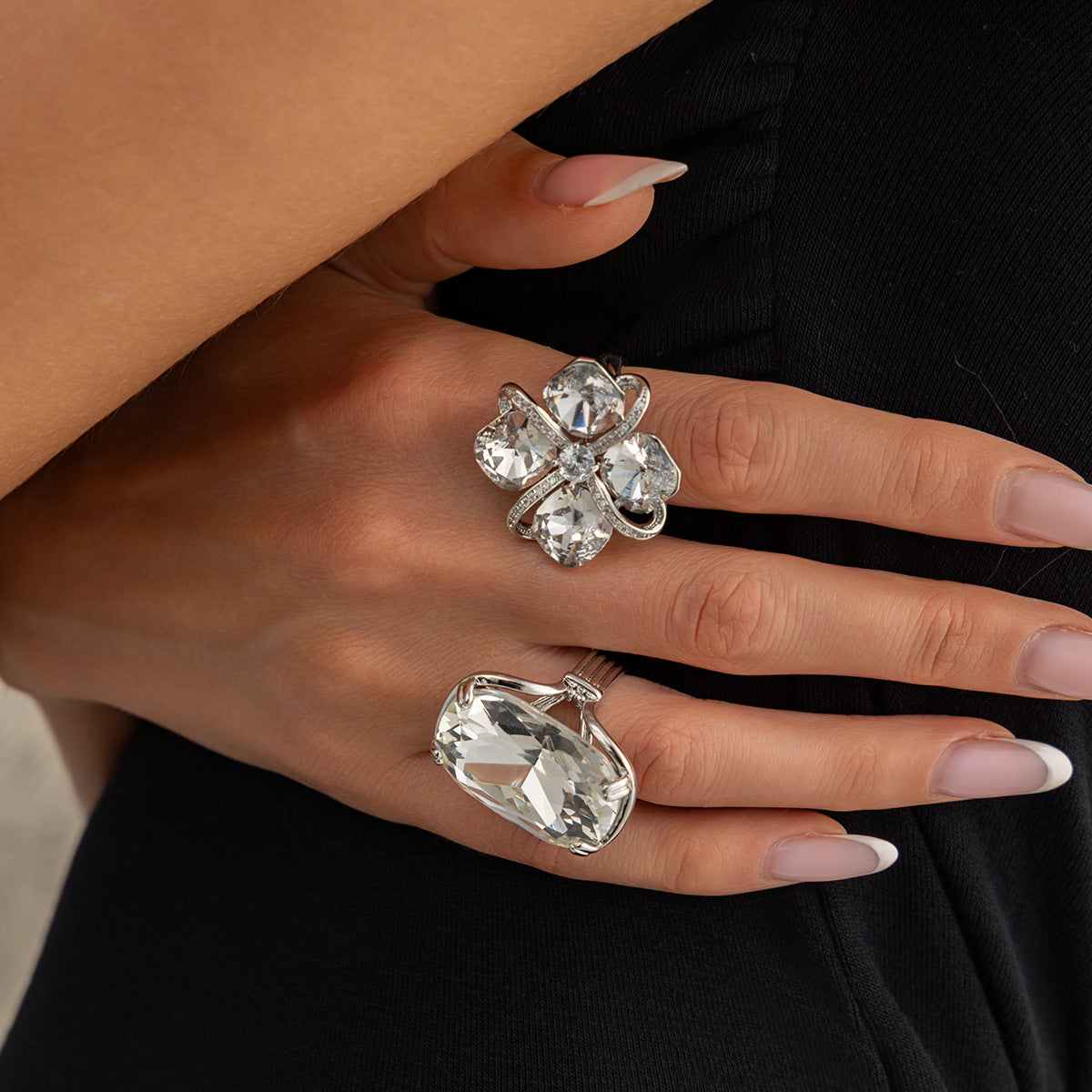 Planderful Square Zircon Ring With Exaggerated Four Leaf Inlay Bold Statement Jewelry For Fashion Forward Women