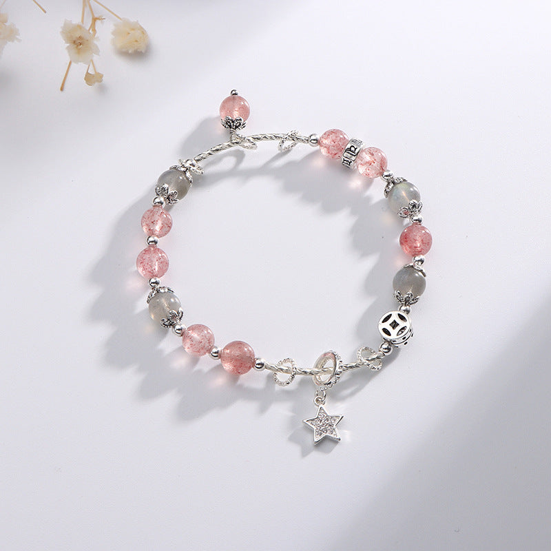 Strawberry Crystal Sterling Silver Bracelet with Stars and Moon Design