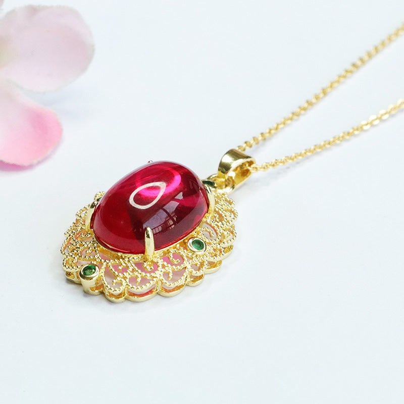 Lab-Grown Ruby Patterned Oval Pendant — No Chain