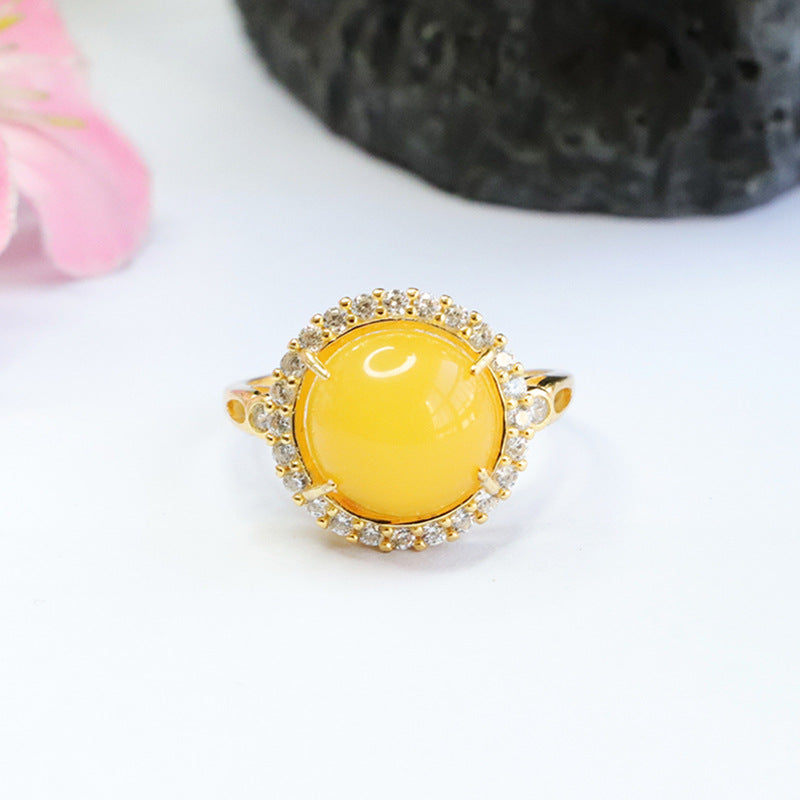 Natural Beeswax Amber Zircon Sterling Silver Halo Ring - Adjustable Diameter