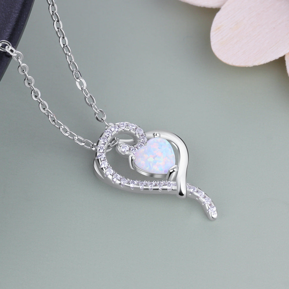 Planderful Jewelry Opal Heart Necklace in Sterling Silver with White Zircon Pendant