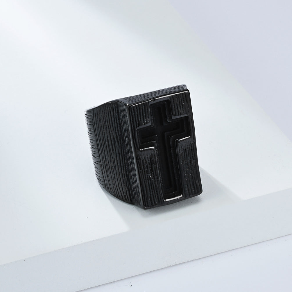 Planderful Titanium Steel Ring For Men Retro Cross Design Hip Hop Punk Niche Style Durable Dominant Finger Jewelry