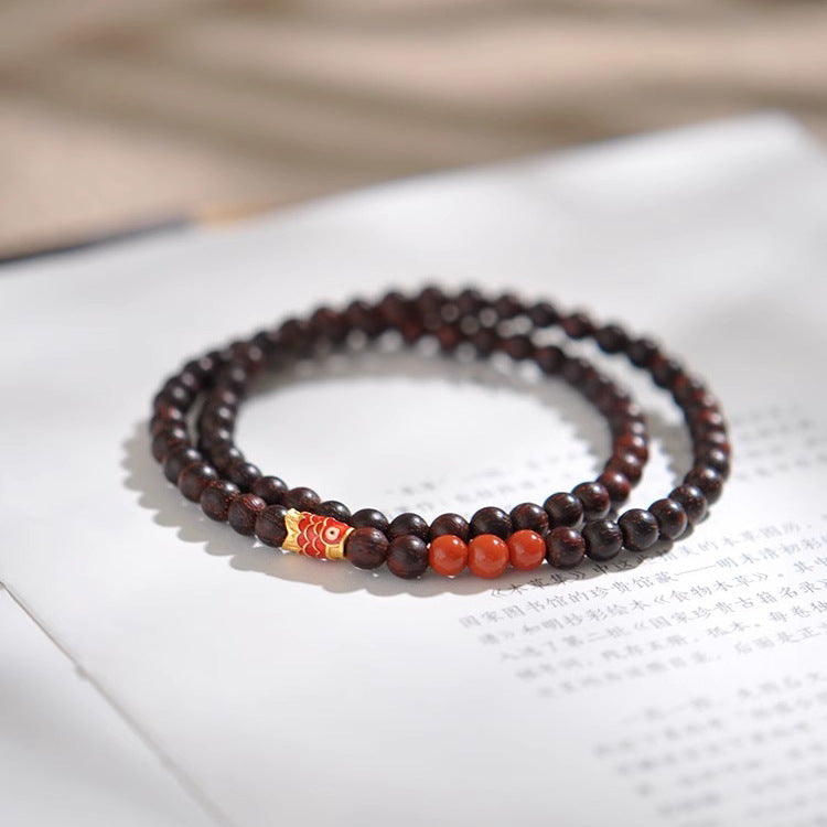 Fortune's Favor Sterling Silver Koi Fish and Rosewood Double Ring Bracelet with Lotus Pearl