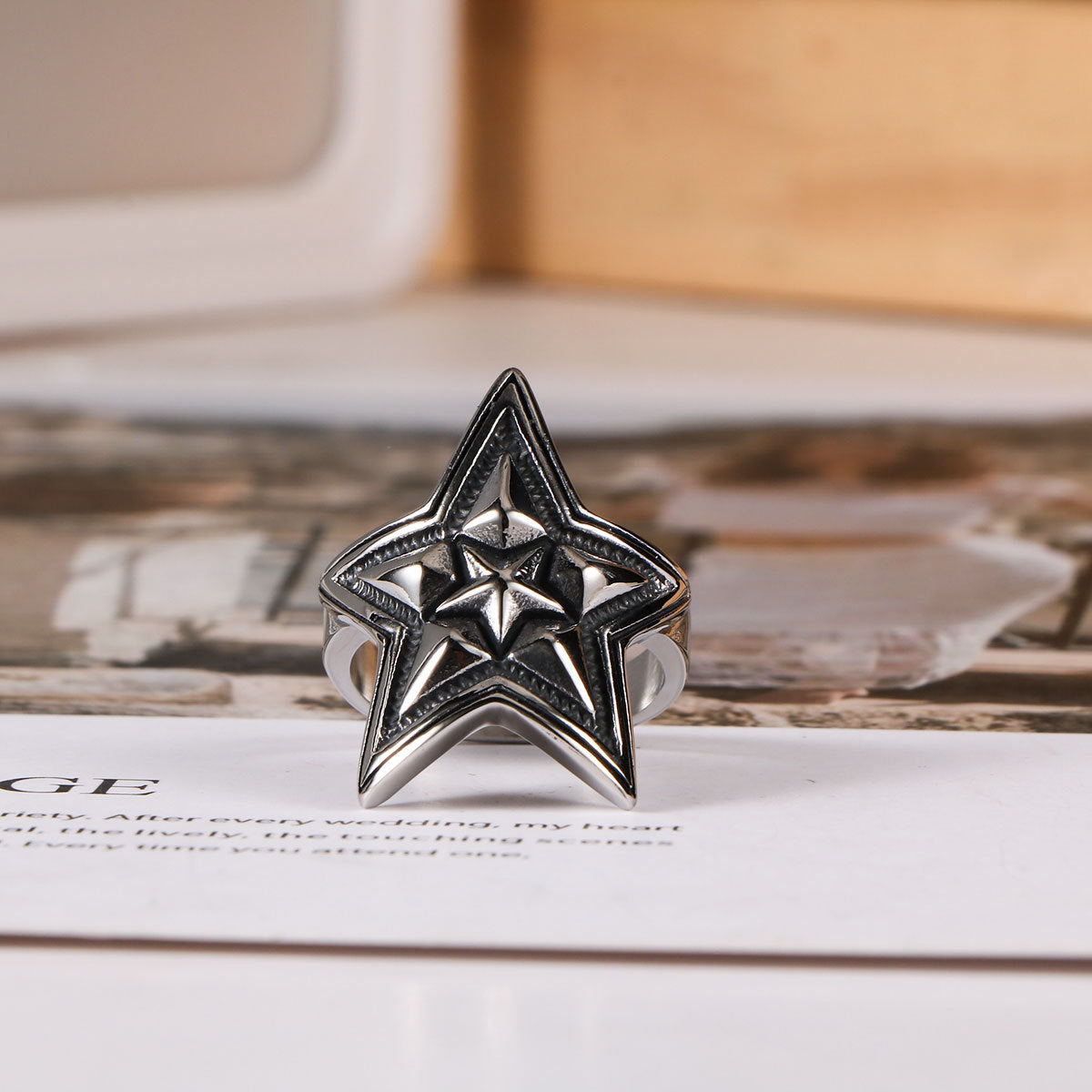 Punk Retro Titanium Steel Ring Mens Pentagram Rock Ring