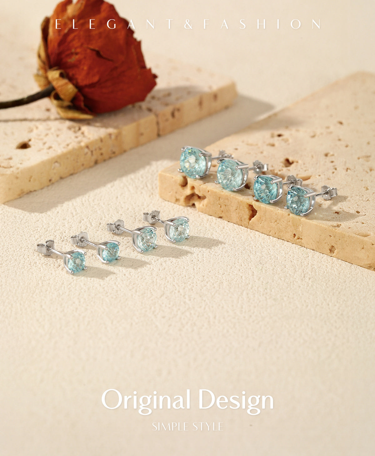 925 Sterling Silver Sea Blue Floral Zircon Stud Earrings