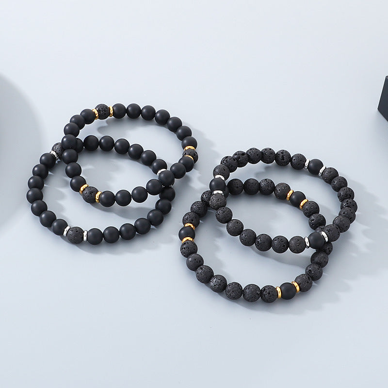 Stainless Steel Bracelet – Punk Volcanic Stone Frosted Black Agate Elastic Rope Handmade