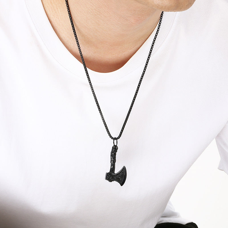 Nordic Viking Wolf Pattern Battle Axe Pendant – Punk Style Axe Amulet Titanium Steel Necklace