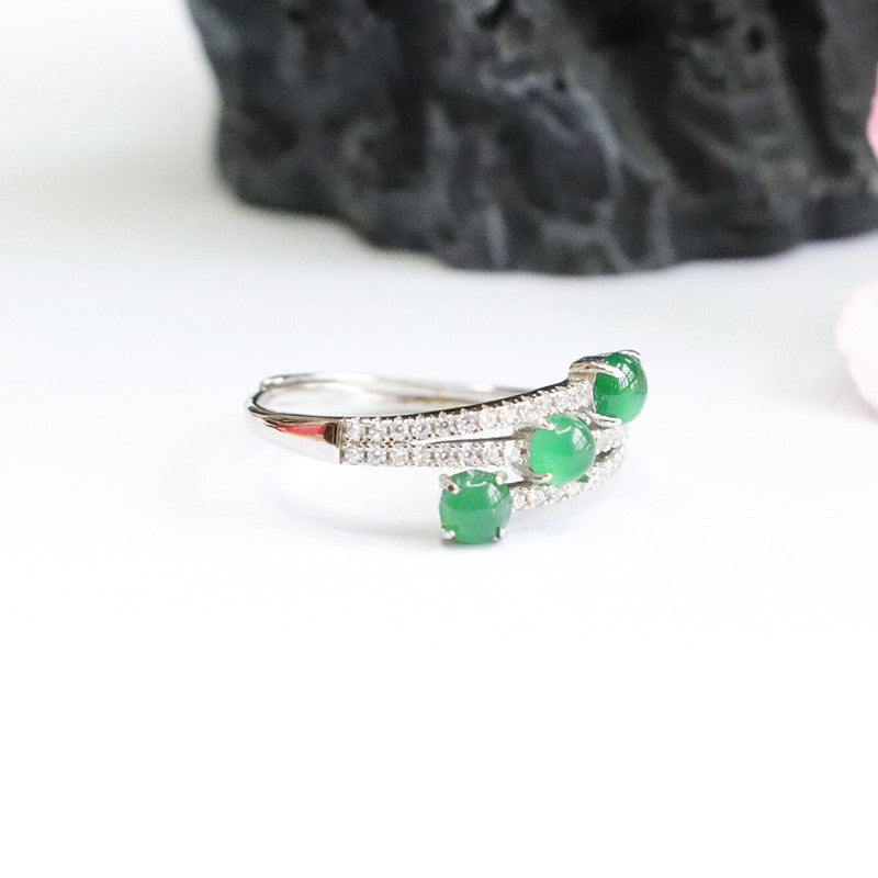 Imperial Green Jadeite Zircon Sterling Silver Ring