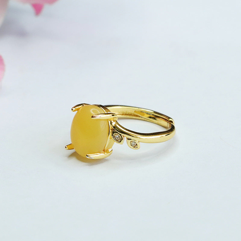 Honey Amber Zircon Leaf Sterling Silver Ring