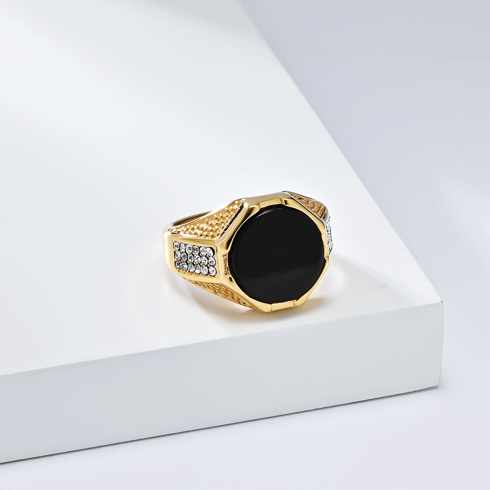 Planderful Mens Geometric Titanium Steel Ring With Black Gem Inlay For Modern Luxury Jewelry