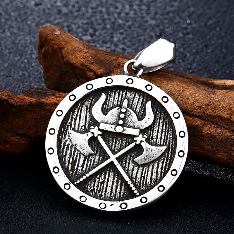 Titanium Steel Viking Warrior Helmet Pendant with Double Axe Design for Men
